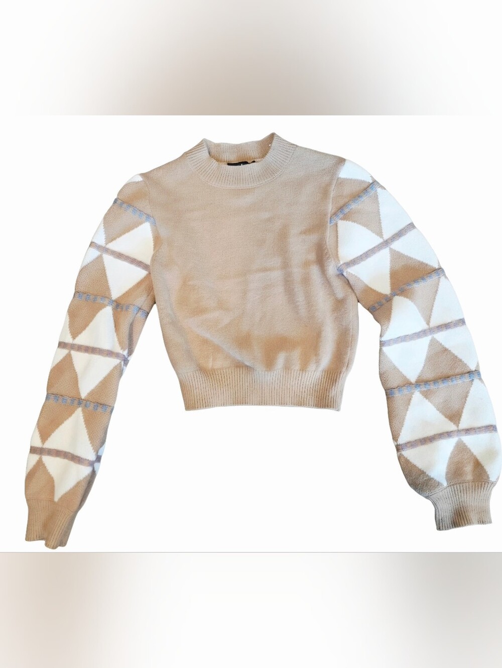 Lulus Meet & Greet Tan Geometric Sleeve Cropped Knit Sweater Size Small